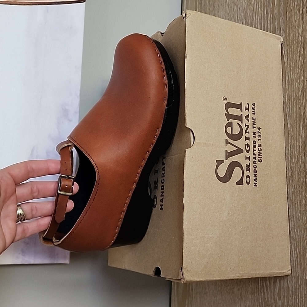 Sven Tan Leather Clog Mules with Ankle Strap - Picture 2 of 12